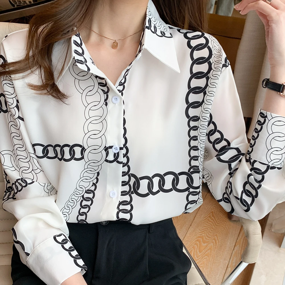 Women'S Summer New Fashion Chain Digital Printed Shirt Women'S Large Size Lapel Button Down Shirt Hawaii Vacation Casual Shirt