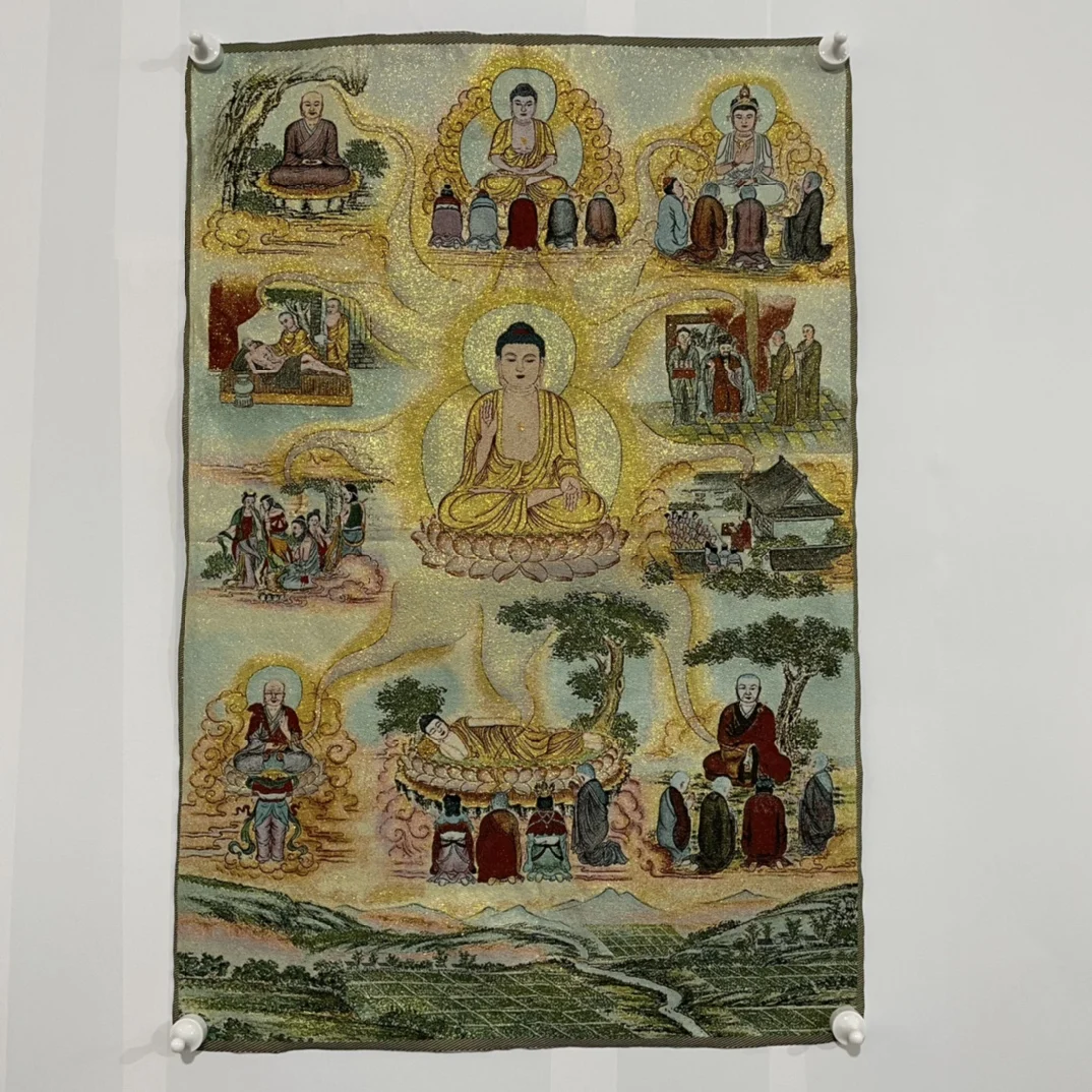 

35"Thangka Embroidery Tibetan Buddhism silk Embroidery Shakyamuni Tibetan Buddha Eight Buddhas Thangka hanging screen Town house