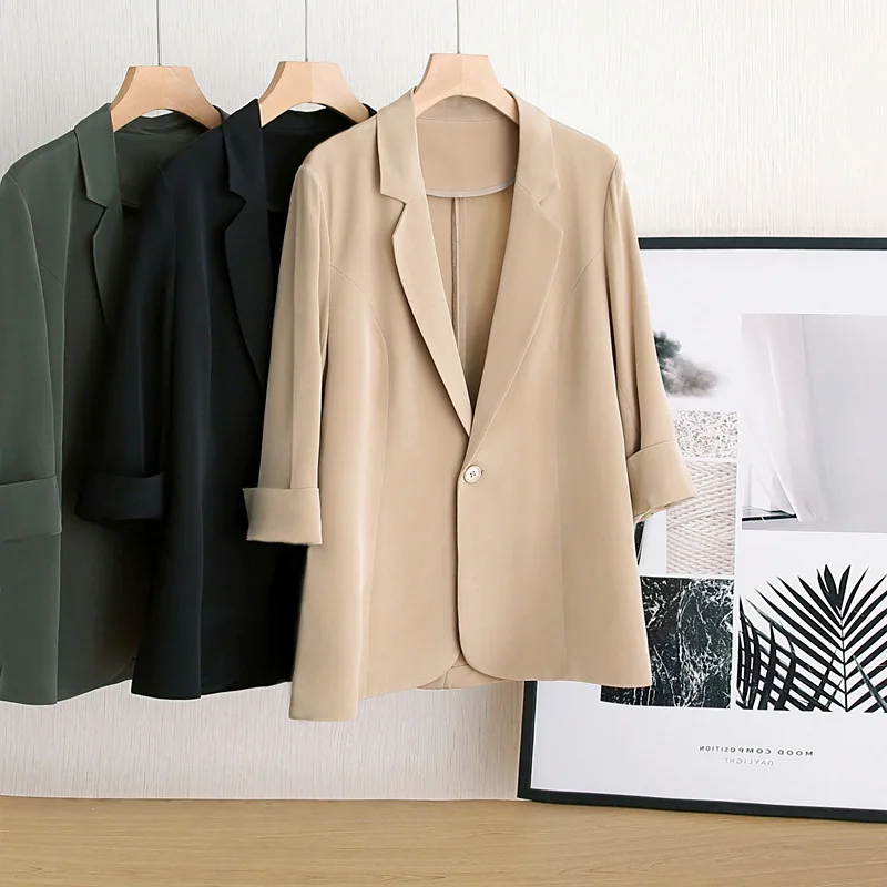 Hoge Kwaliteit Blazers Dames Pak 100% Zijde Stof Eenvoudig Ontwerp Driekwart Mouw Enkele Knop 2 Kleuren Pak Nieuwe Mode