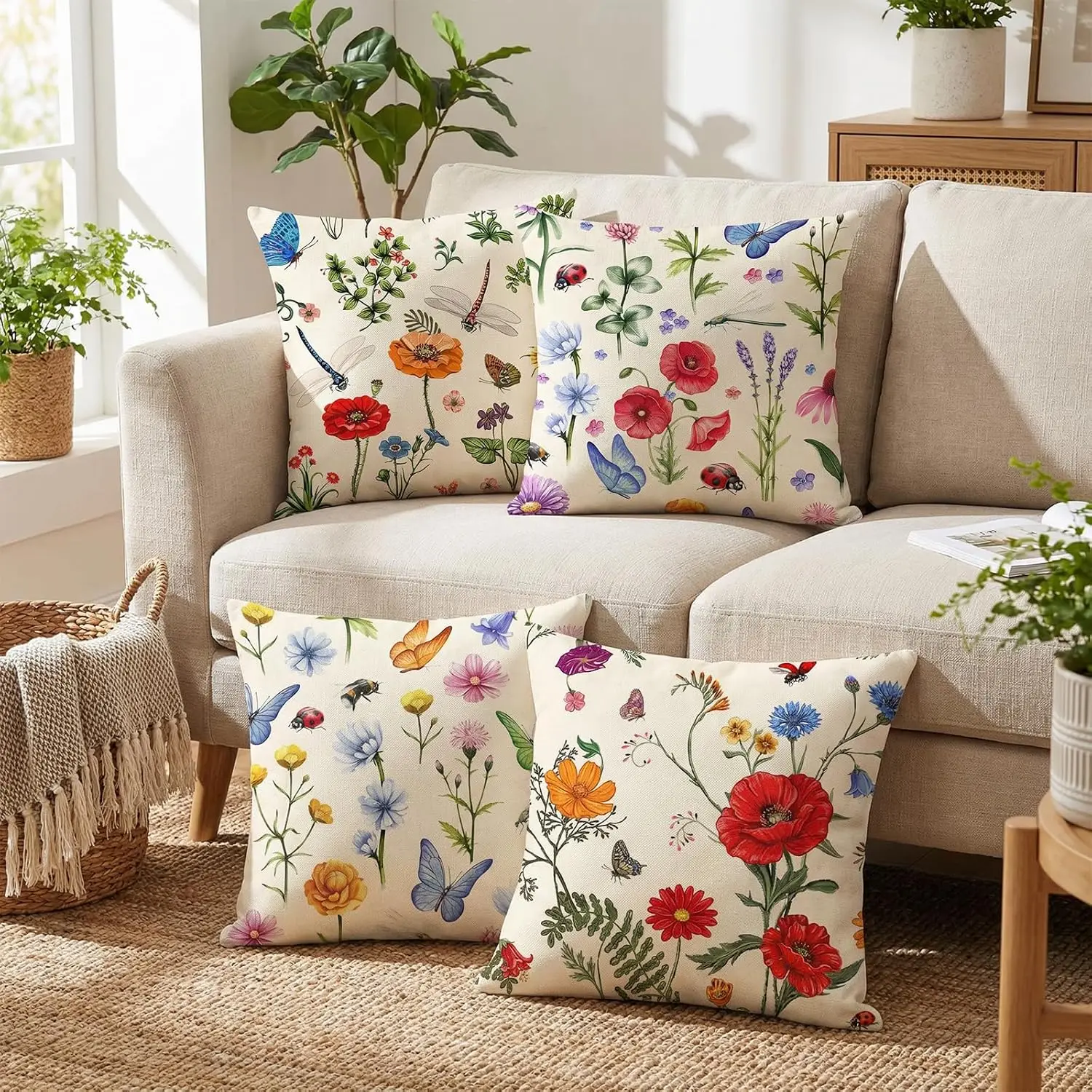 Elegant 4 Pack Floral Butterfly Print Throw Pillow Covers for Boho Home Decor Botanical Cushion Set Living Room Accessories