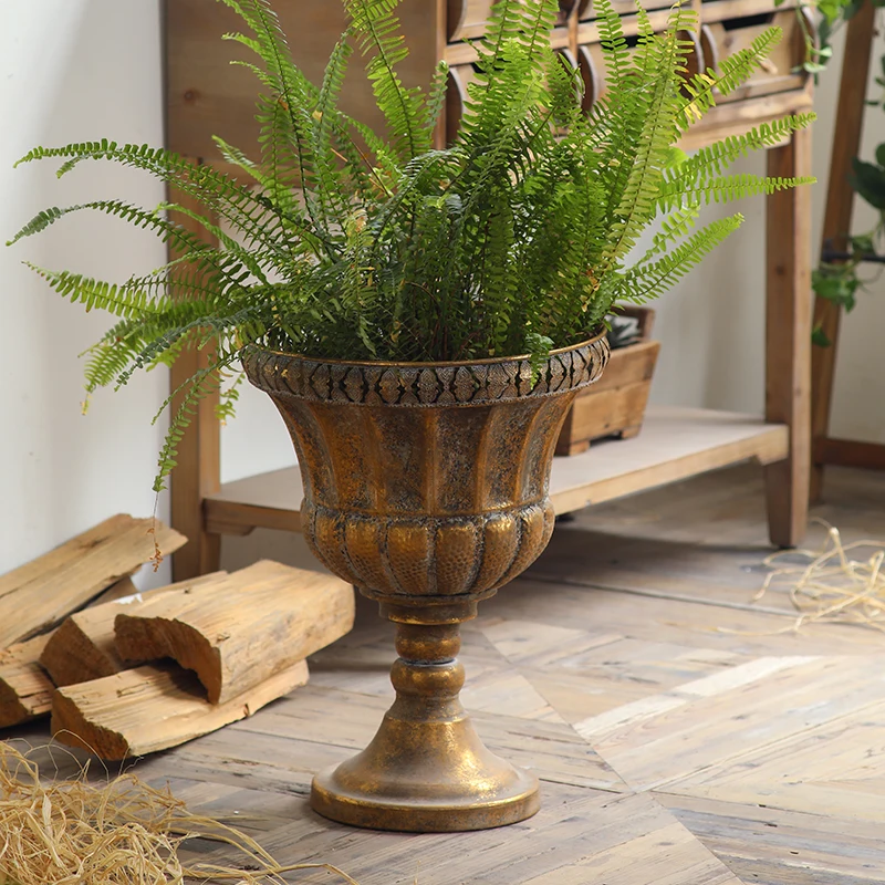 Vintage Iron Trophy Urn Planter, Antique Gold Pedestal Vase, European Conservatory Garden Decor, 4.2kg Statement Piece