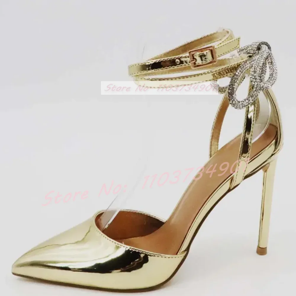 Gold Pointy Toe Crystals Bow-Knot Sandals Women Fashion Ankle Strap Metallic Heeled Shoes Elegant Shiny Leather Cover Heel Shoes