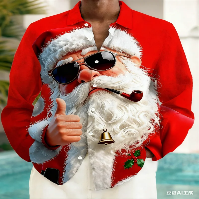 

2026 Santa Claus print men's button pocket long sleeved shirt party holiday family