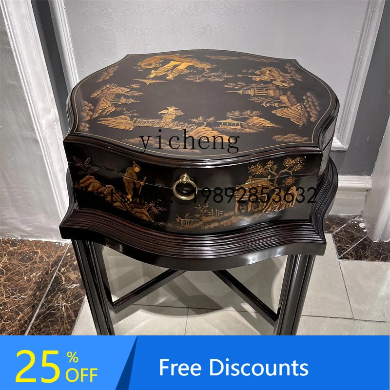 Solid Wood New Chinese Style Side Table European Style Leisure Chair Small Table Fully Handcrafted and Painted