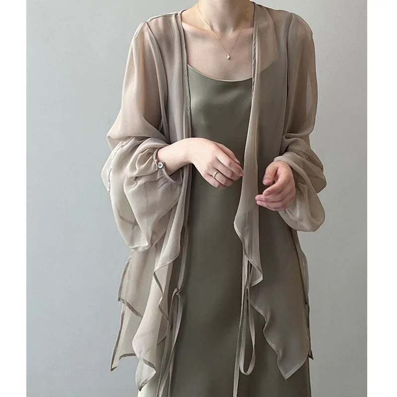 

Summer New Solid Color Fashion Long Sleeve Thin Style Coat Women High Street Casual Lacing Button Cardigan Elegant All-match Top