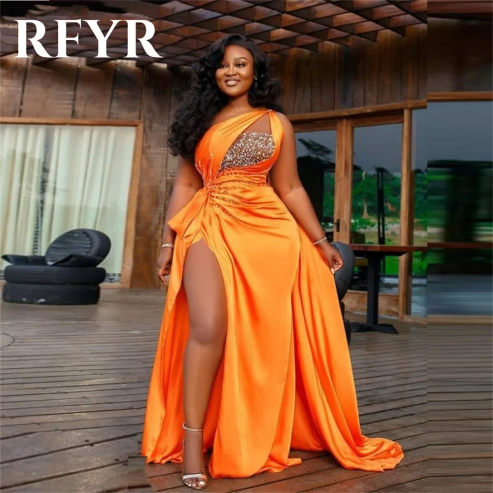 

RFYR Mermaid African Orange Sexy One Shoulder Prom Dresses Sequins Beaded Ruffles Evening Gowns High Split Formal Party Dress