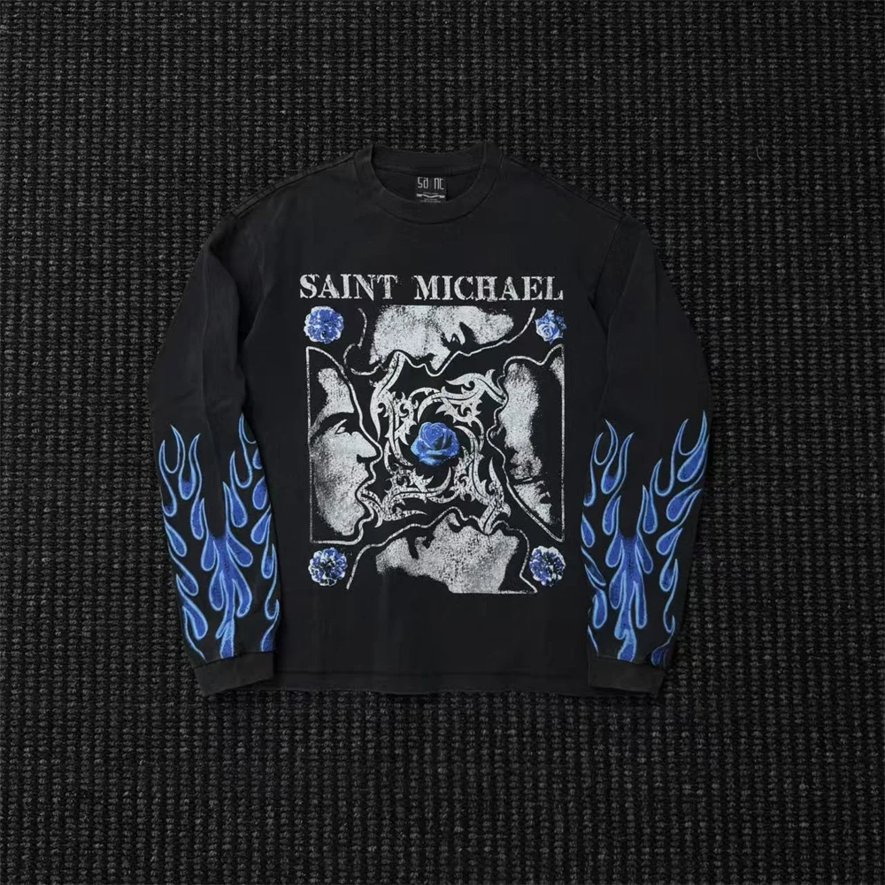 Saint Blue Flame Portrait Rose Printed Water Washed Vintage Pure Cotton Comfortable High Street Long Sleeve Loose Casual T-shirt