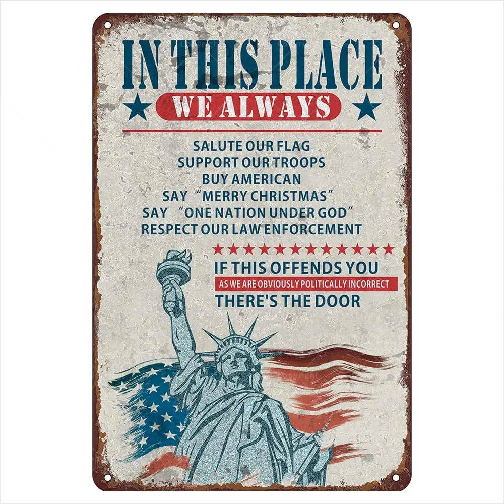 Statue Of Liberty Metal Tin Sign, , In This Place We Always Salute Our Flag Vintage Sign, Retro Wall Art Decor, Indoor Outdoor M