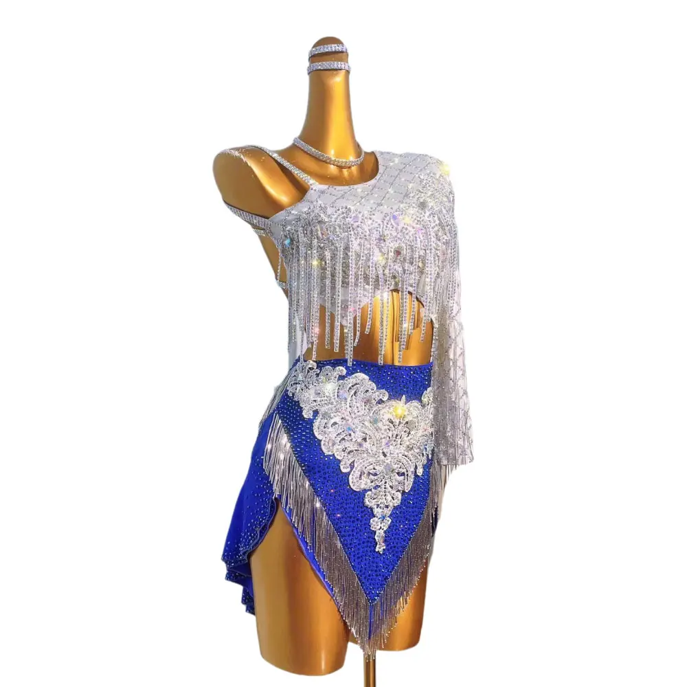 ラテンダンスステージラインストーン女性のハイエンドカスタムシルバーブラジャーブルースカートアメリカンサンバ服ドレス