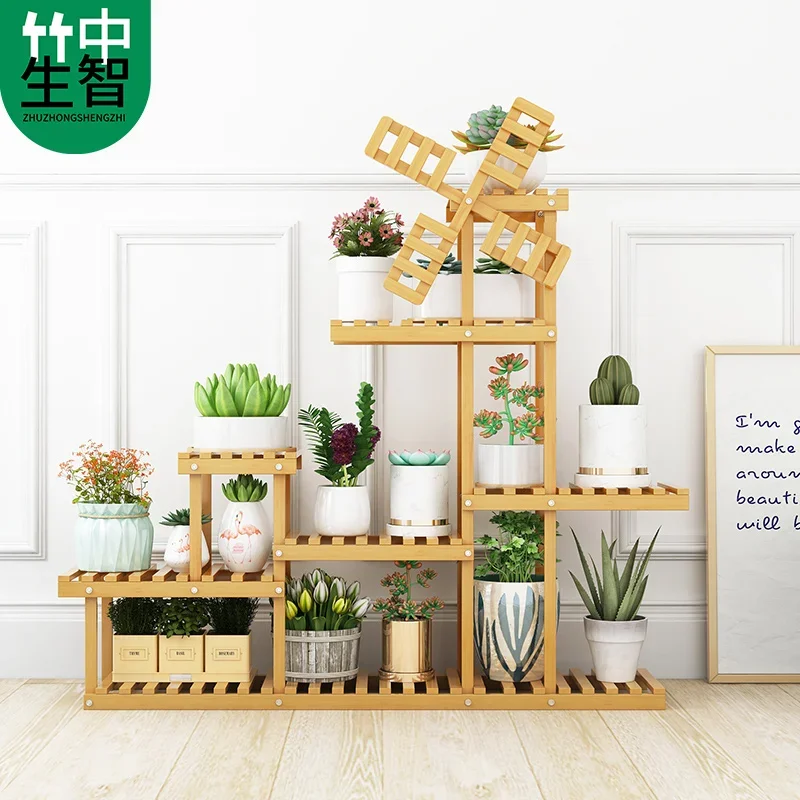 Green flower shelf balcony living room indoor floor-standing new popular small bay window solid wood shelf transformation