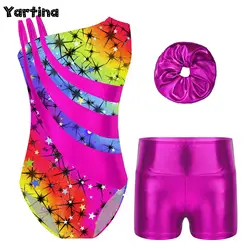 Kids Girls Ballet Jersey Unitard Dancewear Printed Artistic Skating Gymnastics Leotard with Metallic High Waist Shorts Hair Band