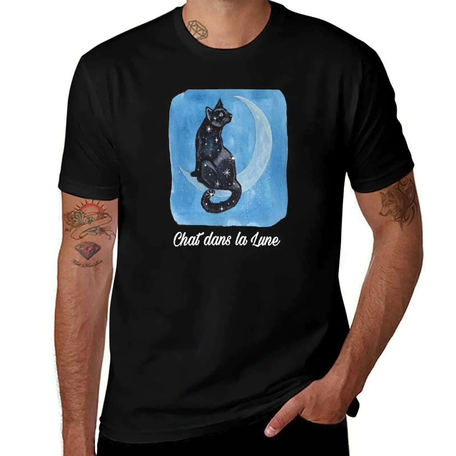 Cat on the Moon French T-Shirt Lightweight Casual Summer T-Shirt