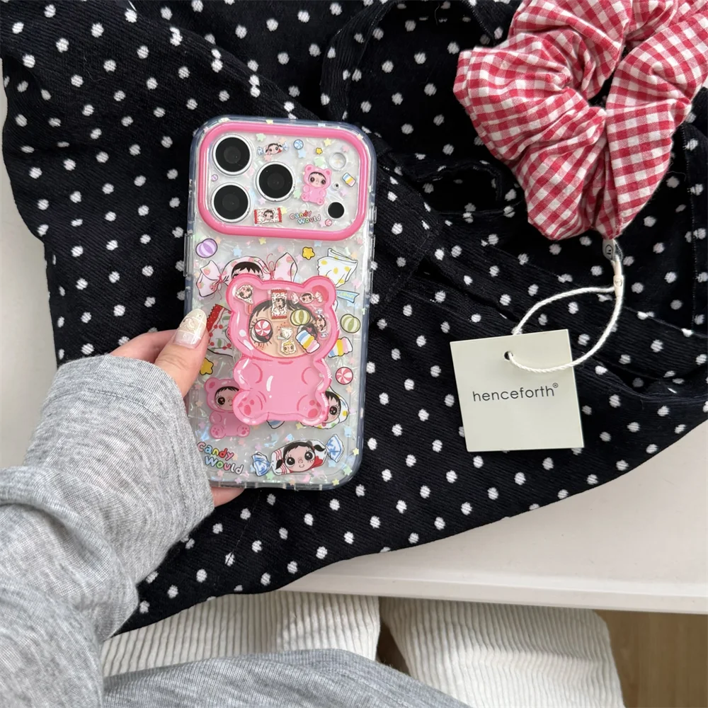 

Kawaii Candy Cartoon Girl Phone Case for iPhone 15 16 Pro Max 17 16 15 Pro 17 Pro Cover With Shake Stand Shockproof Funda Cases