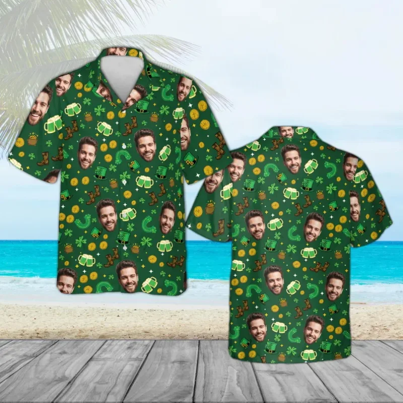 

Персонализированная гавайская рубашка с коротким рукавом и пуговицами для мужчин и женщин на День Святого Патрика, с индивидуальным дизайном лица, в стиле Six Seven, для пляжа