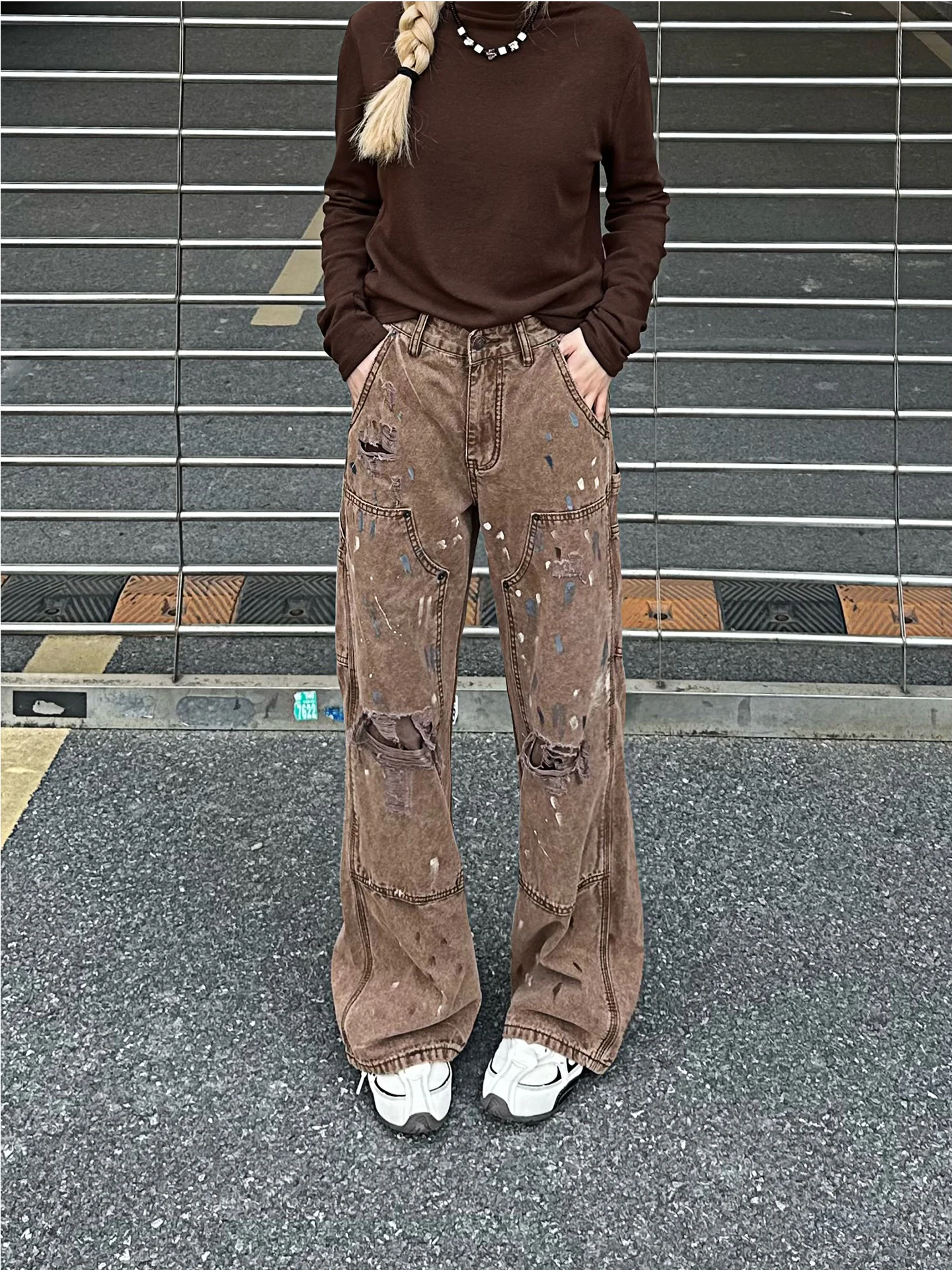 

NNK310g Heavyweight Washed Hand-Painted Graffiti American Retro Logging Straight Casual Workwear Pants for Men And Women