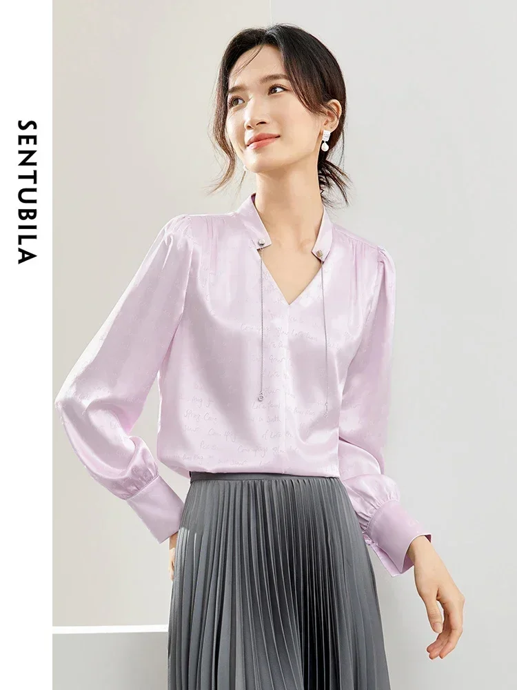 SENTUBILA Purple Glossy Satin Blouses Women 2024 Spring Autumn French V-neck Pullover Long Sleeve Tops Woman Clothing 141V53323