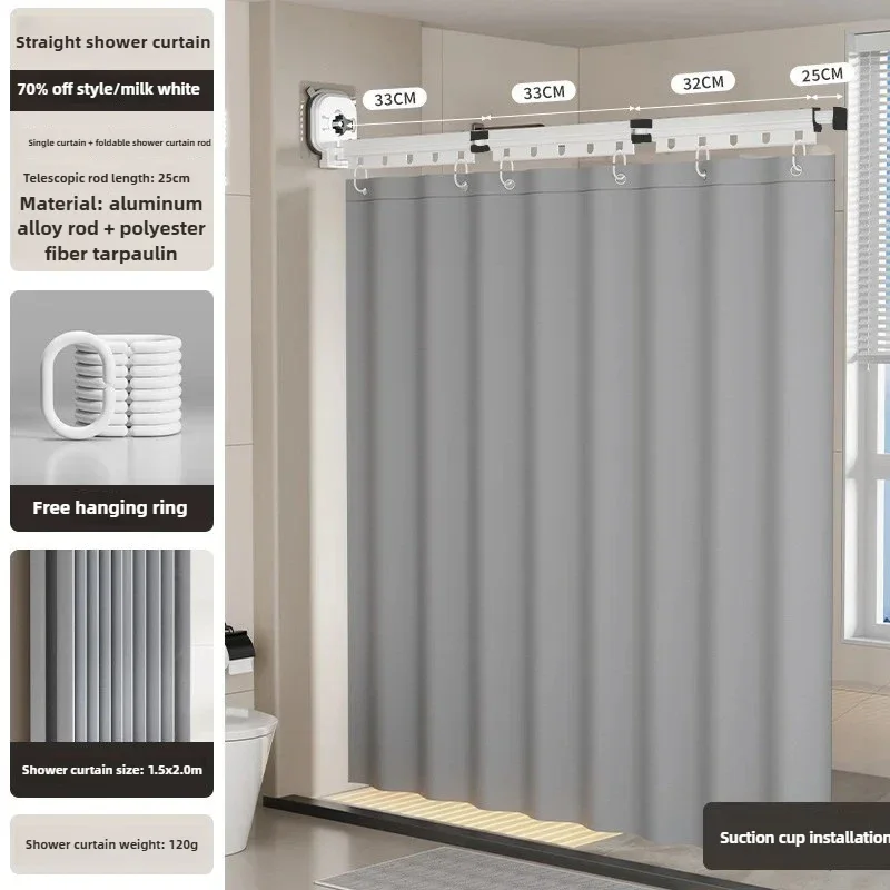 

Adjustable Tension Shower Curtain No Drilling Waterproof Fabric Bath Curtains with Foldable Rod with Suction Cup