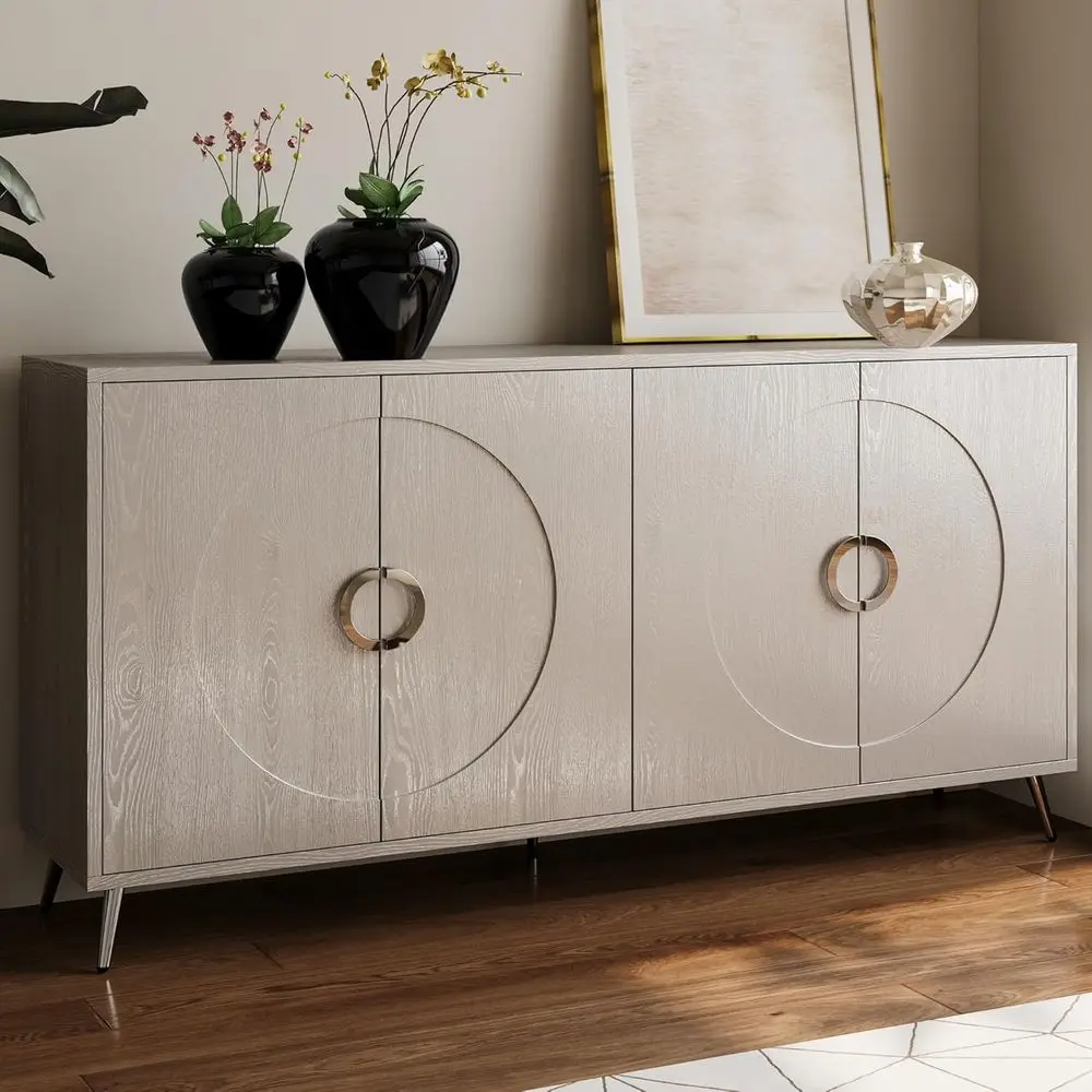 

Элегантный серебристо-шампанский лакированный деревянный шкаф-буфет с 4 дверцами для хранения вещей в гостиной, прихожей, коридоре, офисе, на кухне