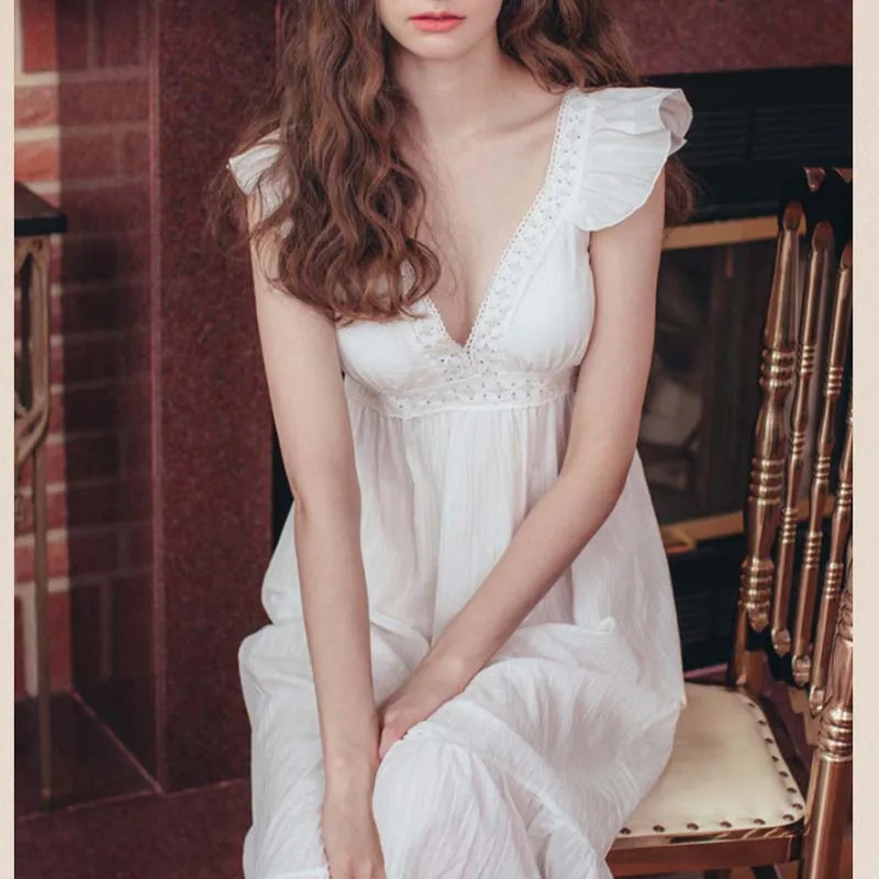 Summer Deep V Neck Home Dress Lolita Dress White Lace Sleeveless Princess Sleepshirts Vintage Nightgowns Cute Pajamas Loungwear