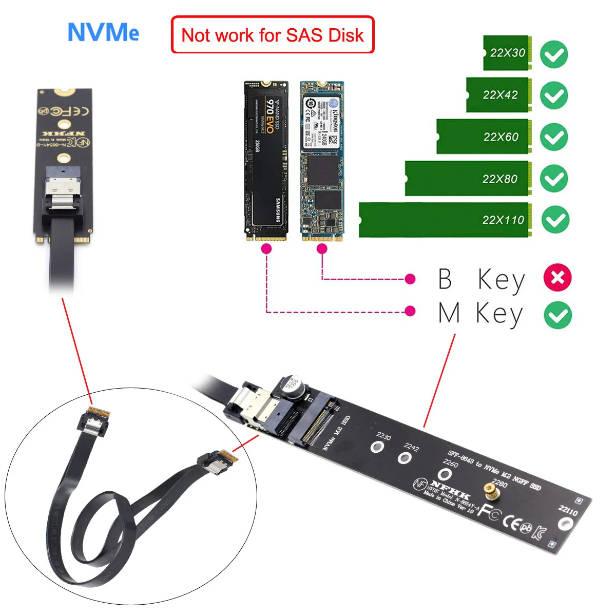 NVME NGFF M-Key Male to Female Extension Cable 40cm with SFF-8654 Connector for Mainboard SSD 2280/22110