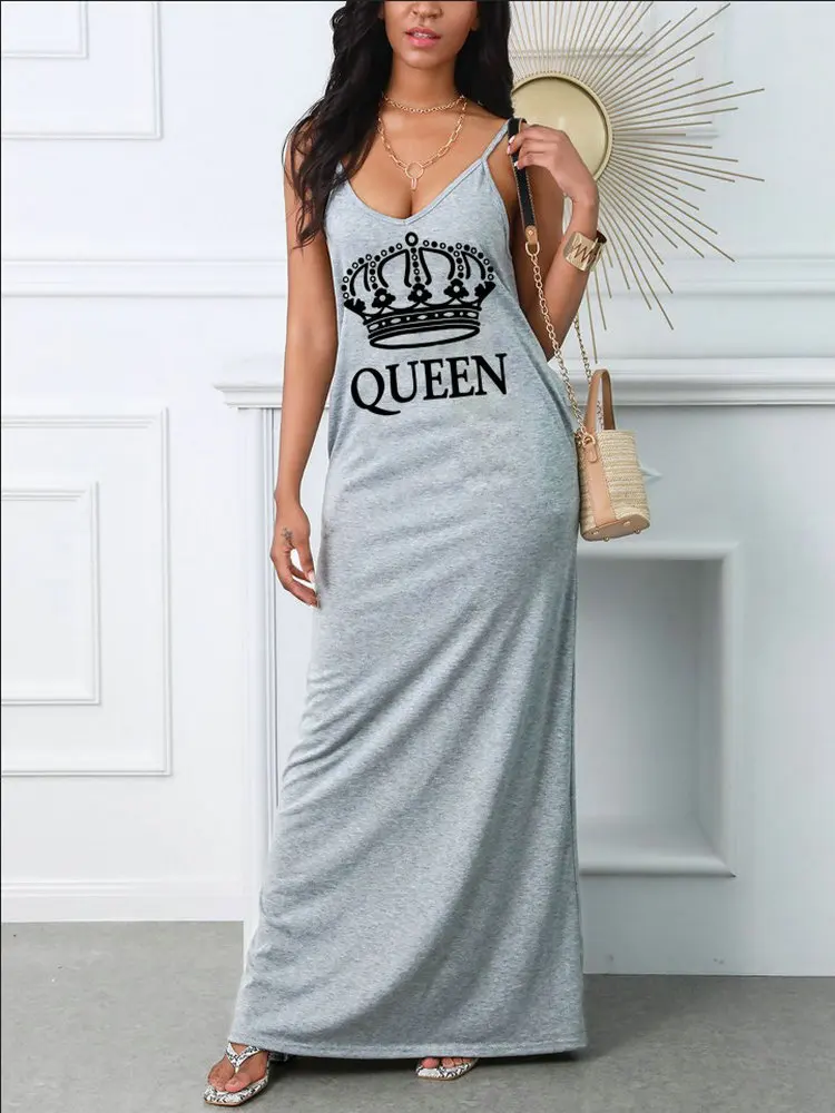 Women\'s Summer QUEEN Letter Printed Slim Fit V-neck Sexy Dress  Puff Short Sexy Women\'s Clothing Vacation  Female Dresses