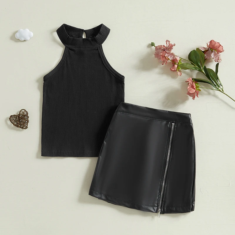 Little Girl Summer Outfit Solid Color Ribbed Sleeveless Tank Tops Leather Zipper A-line Skorts 2 Pcs Fashion Set