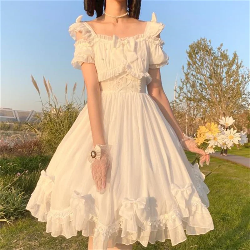 Japanese Soft Girl Lolita Retro Soft Skirt High Waisted Spice Show Thin JSK Strappy Dress with Bow