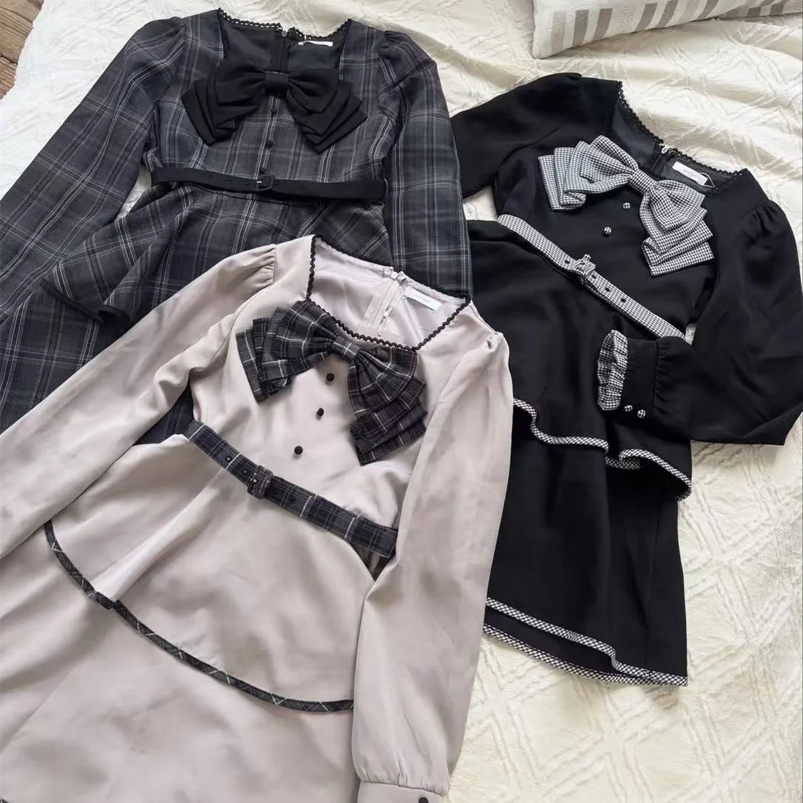 Estilo japonês elegante doce subcultura pescoço quadrado arco manga longa cinto de cintura alta a linha plissado vestido em camadas para mulher outono