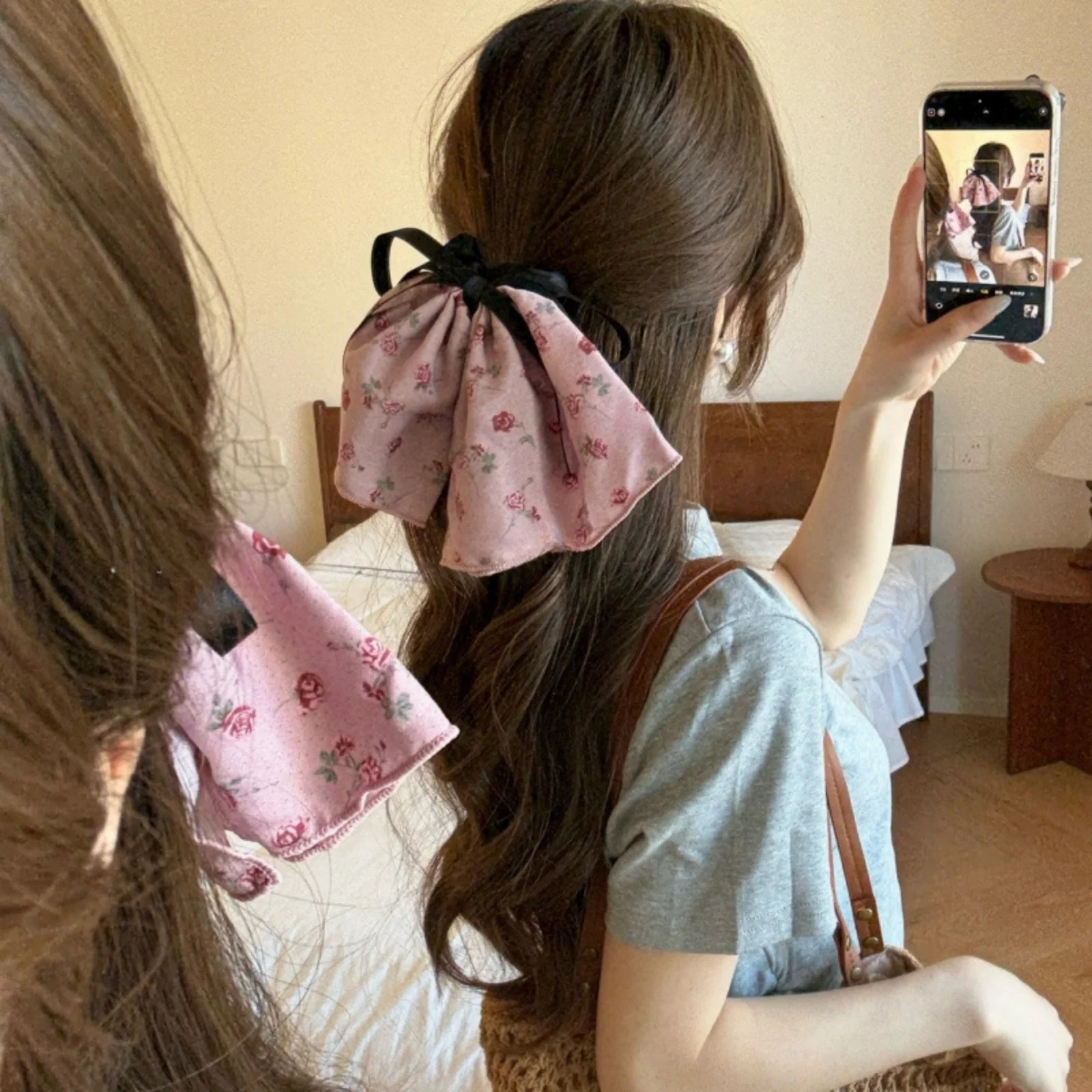 قطعة واحدة من ربطة الشعر بطبعة زهور عتيقة مع شريط فيونكة، إكسسوار شعر جميل للنساء والفتيات