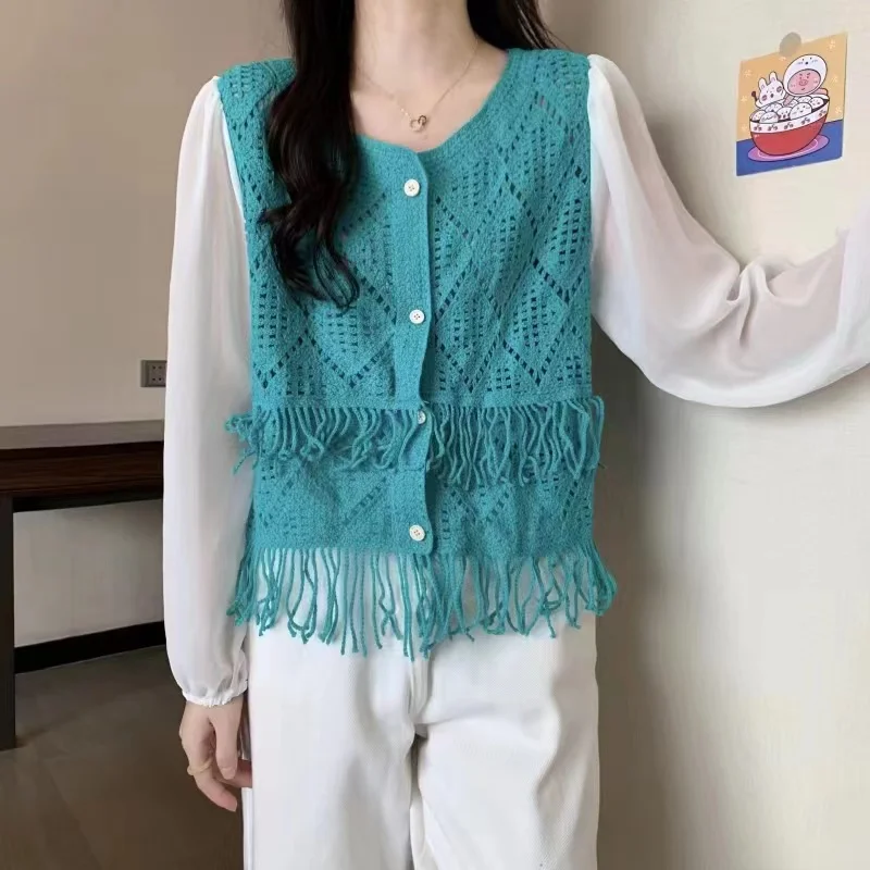 Frühling und Herbst Langarmhemd für Frauen Haken Blume aushöhlen gestrickte Patchwork Chiffon Dame Blusen Quaste Saum Tops