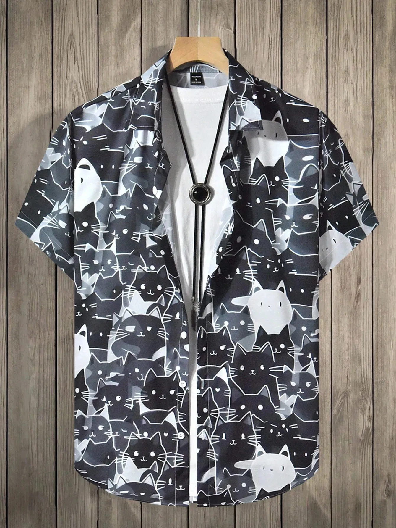 Men Summer Hawaiian Shirt Cute Cartoon Cat 3D Print Lapel Short Sleeve Button Down Casual Beach Shirt