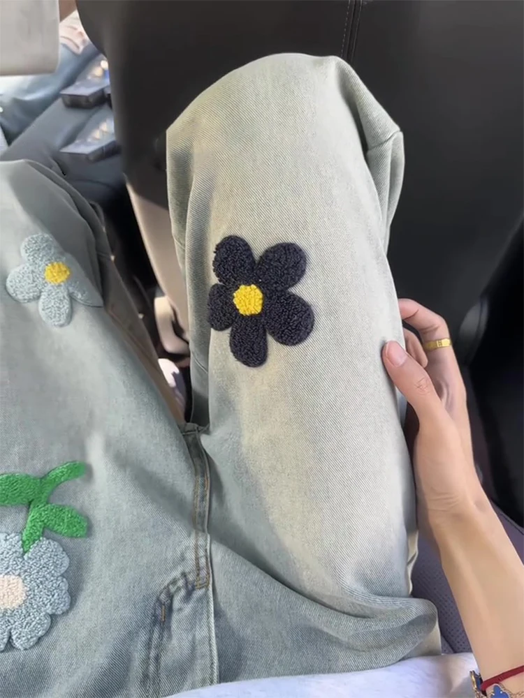 

Американские джинсы High Street из бархатной ткани с вышивкой, мужские летние свободные прямые брюки с эффектом похудения