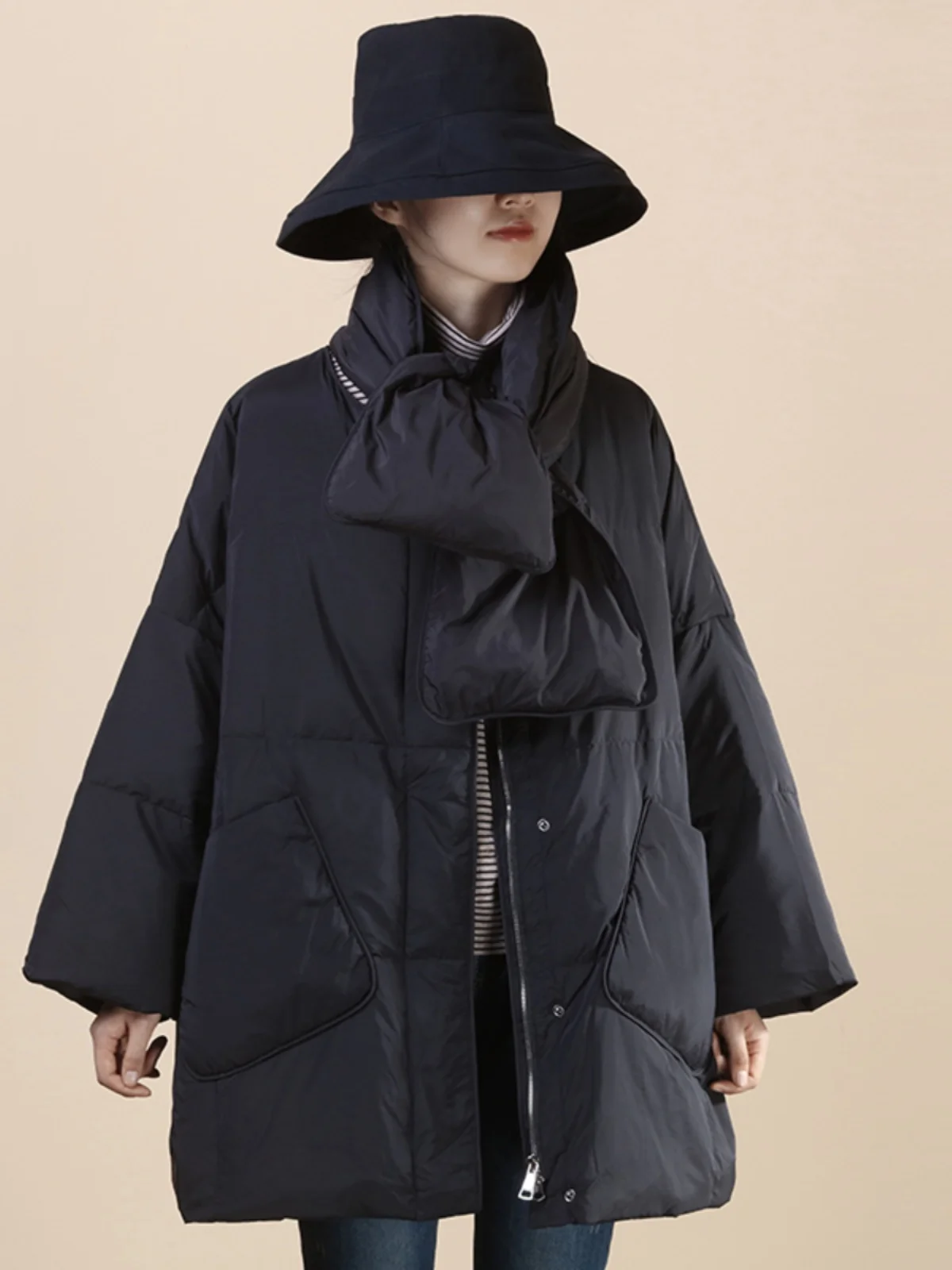 

Worldwide Warm Scarf Dual Wearabili Du down Jaet Loose Thi Artistic Sle White Du Feather Outerwear Coat