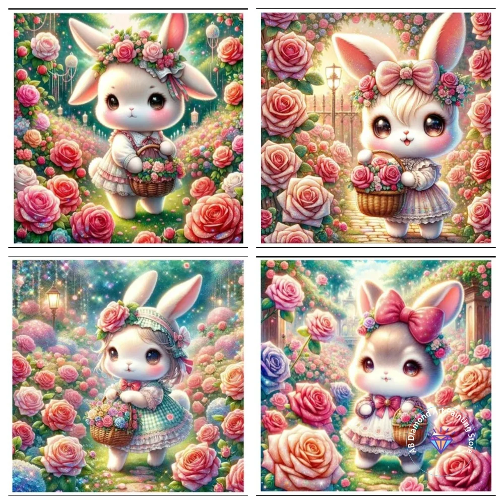 

Cute Rabbit Rose Garden AB Diamond Painting Kit Square Round Diamond 5D DIY Cartoon Animal Mosaic Handmade Art Gift Home Decor