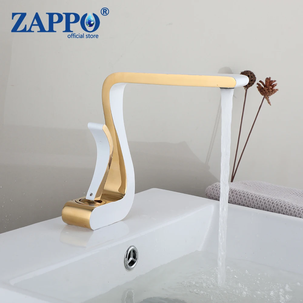 

ZAPPO Gold White Bathroom Faucet Single Lever Hot Cold Water Mixer Tap Bath Basin Faucets Deck Mounted Beautiful Curve Design