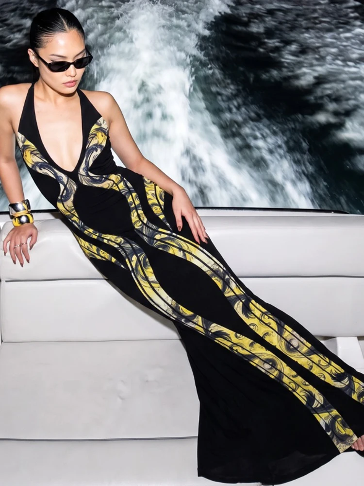 Weird Puss Sexy rückenfreies Kleid mit Kreuzmuster, Damenmode, Air-Print, tiefer V-Ausschnitt, hohle, ärmellose Passform, für Urlaub, Party, elegant, schick, figurbetont – Detail 15