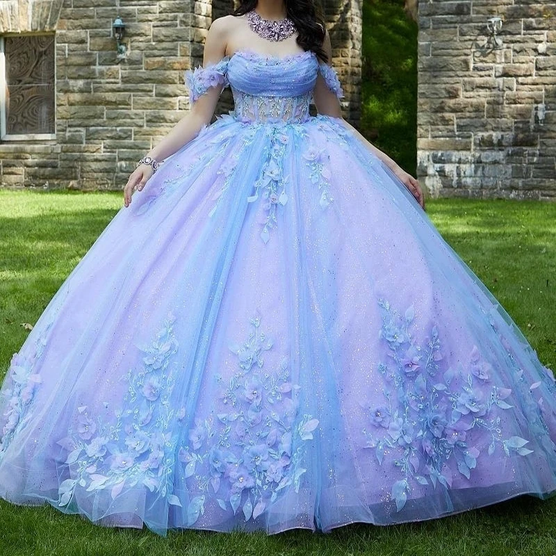 Lavanda glitter fora do ombro vestidos quinceanera vestido de baile princesa applique rendas contas tull aniversário doce 16 vestido de