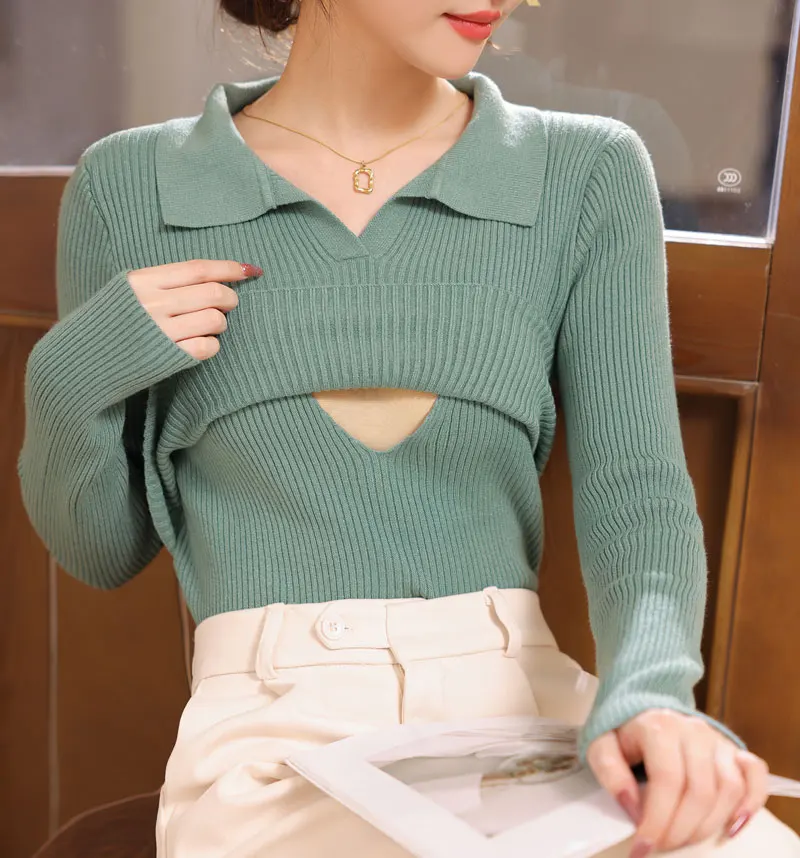 

Maternity Winter Lactation Clothes Solid Color Pregnancy Breastfeeding Sweater Turn-down Collar Postpartum Woman Nursing Top Tee