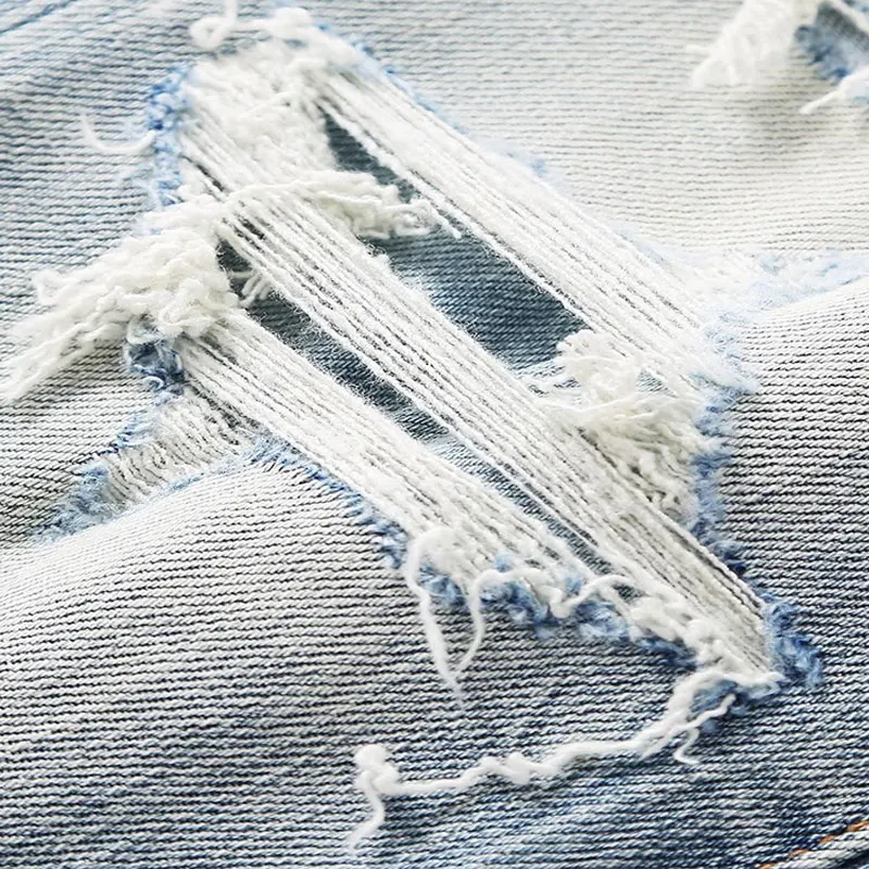 

Fashionable new men's jeans, scratch washed, nostalgic, stretchy, slim fit, light blue jeans, designer hip-hop brand pants, Homb