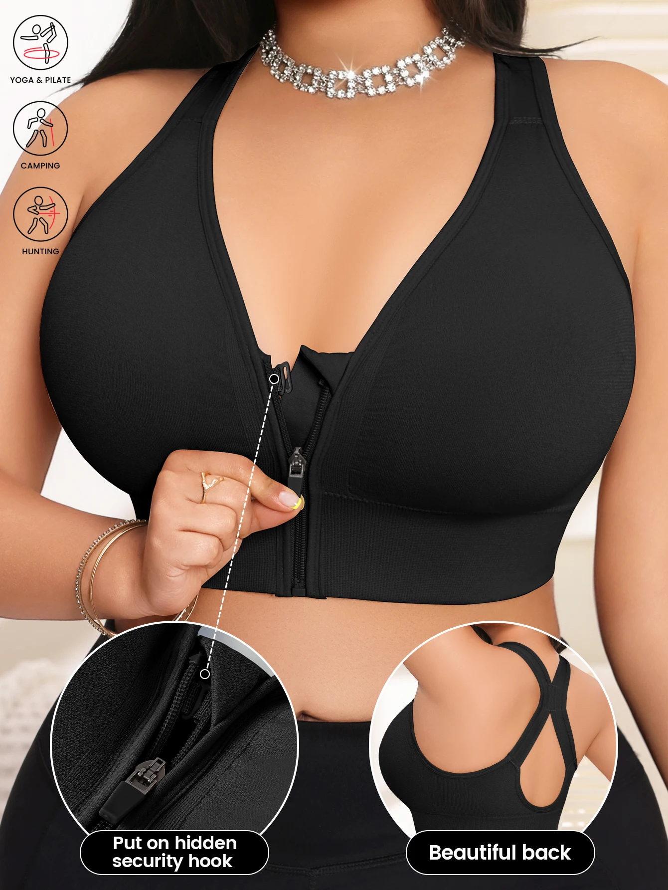 Damen-BH in Übergröße mit Reißverschluss vorne, Yoga-Sport-BH, X-Back, ohne Bügel, herausnehmbare Polster, 1XL-4XL
