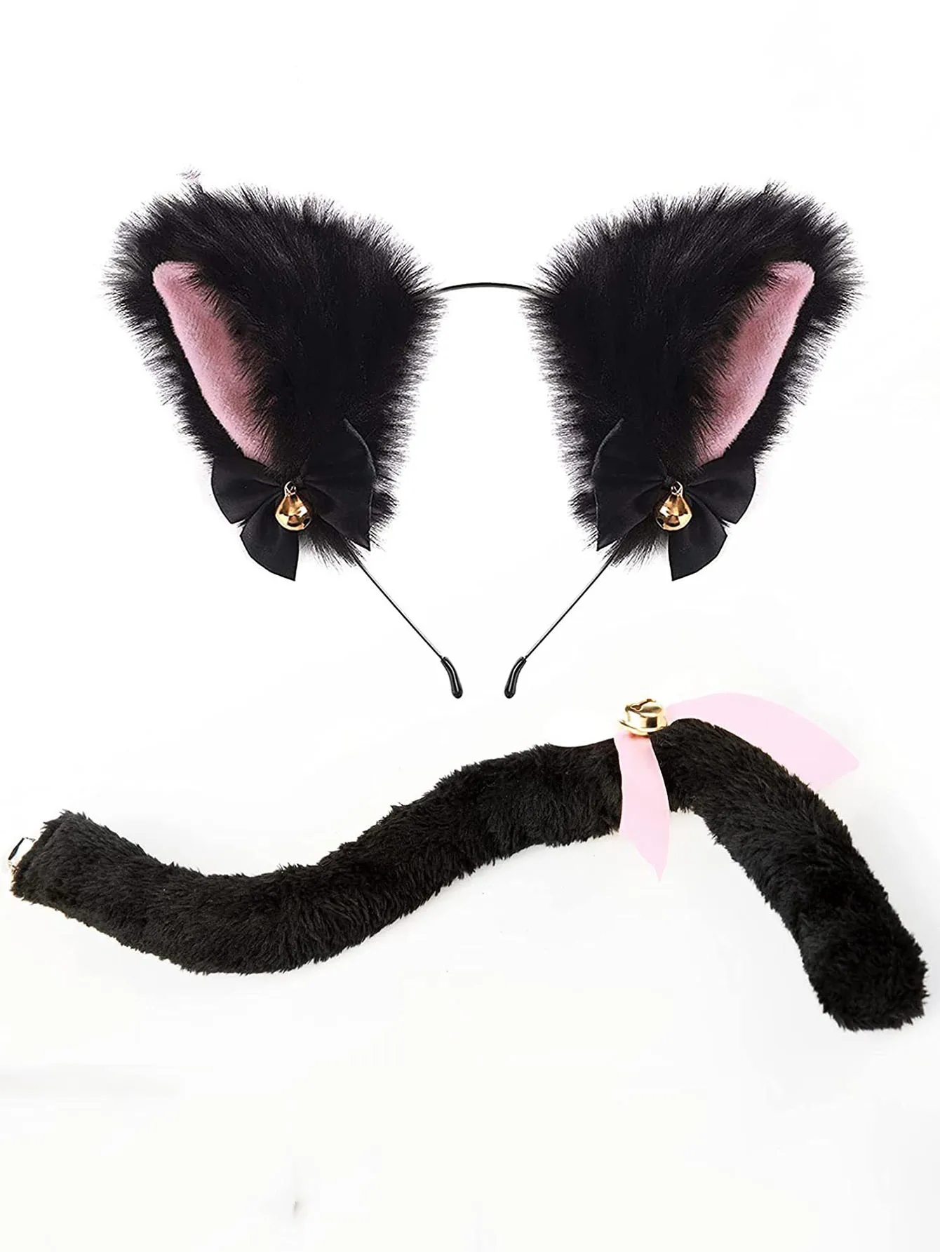 5Pcs Halloween Party Cat Headband Necklace Claw Gloves Tail Sets Cosplay Plush Bell Hairband Masquerade Headwear Hair Accessor