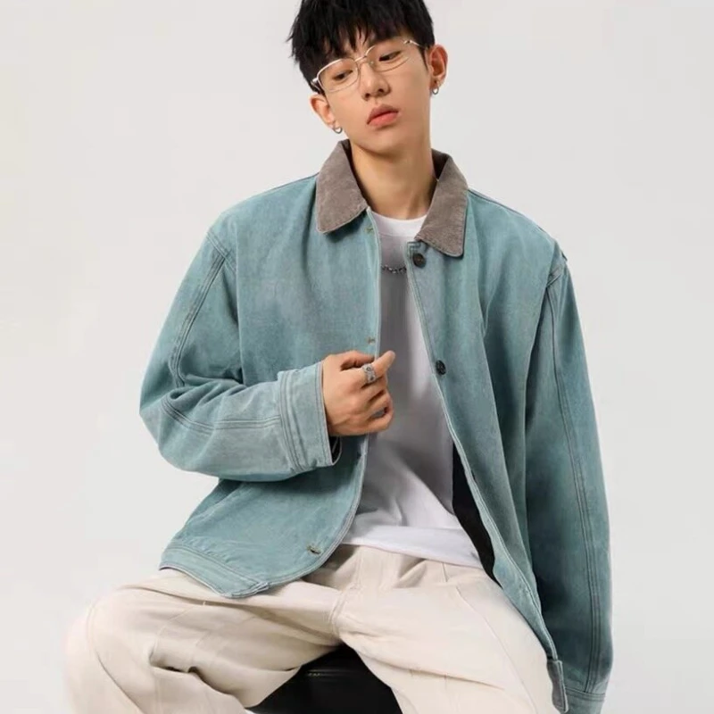 Latest American Retro Lapel Contrasting Peacock Green Denim Men's Jackets Casual Loose Fashionable Soft Versatile Jackets Top