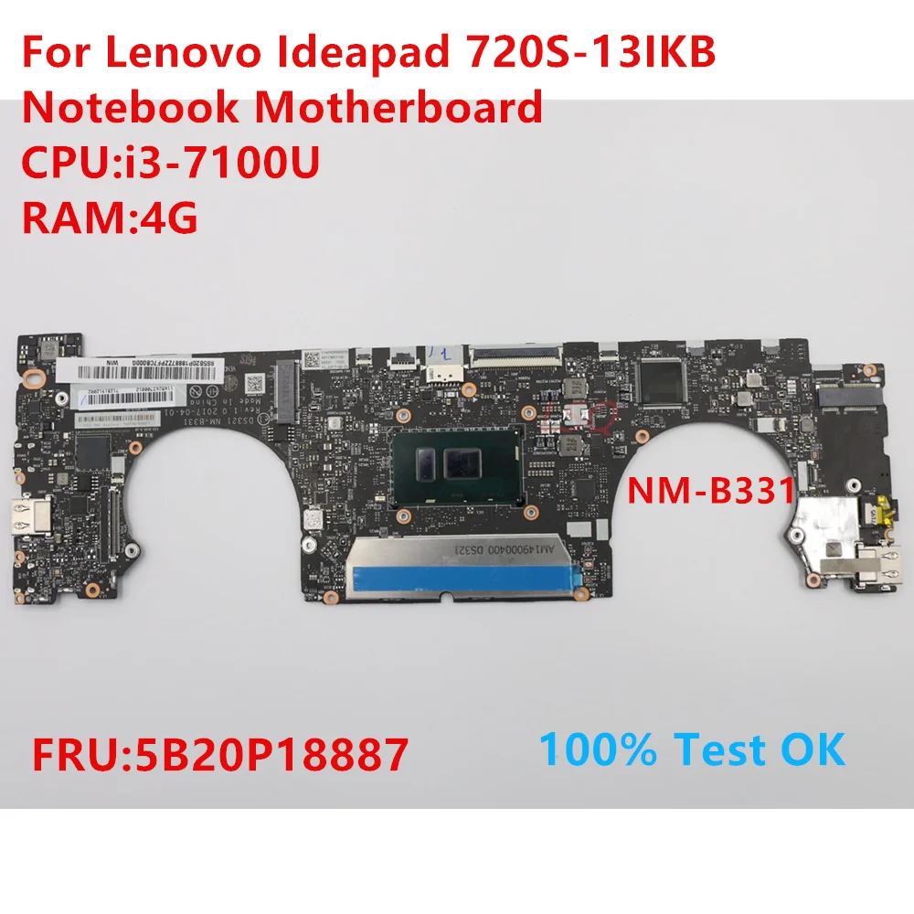 NM-B331 For Lenovo Ideapad 720S-13IKB Notebook Motherboard With CPU:i3-7100U FRU:5B20P18887 100% Test OK