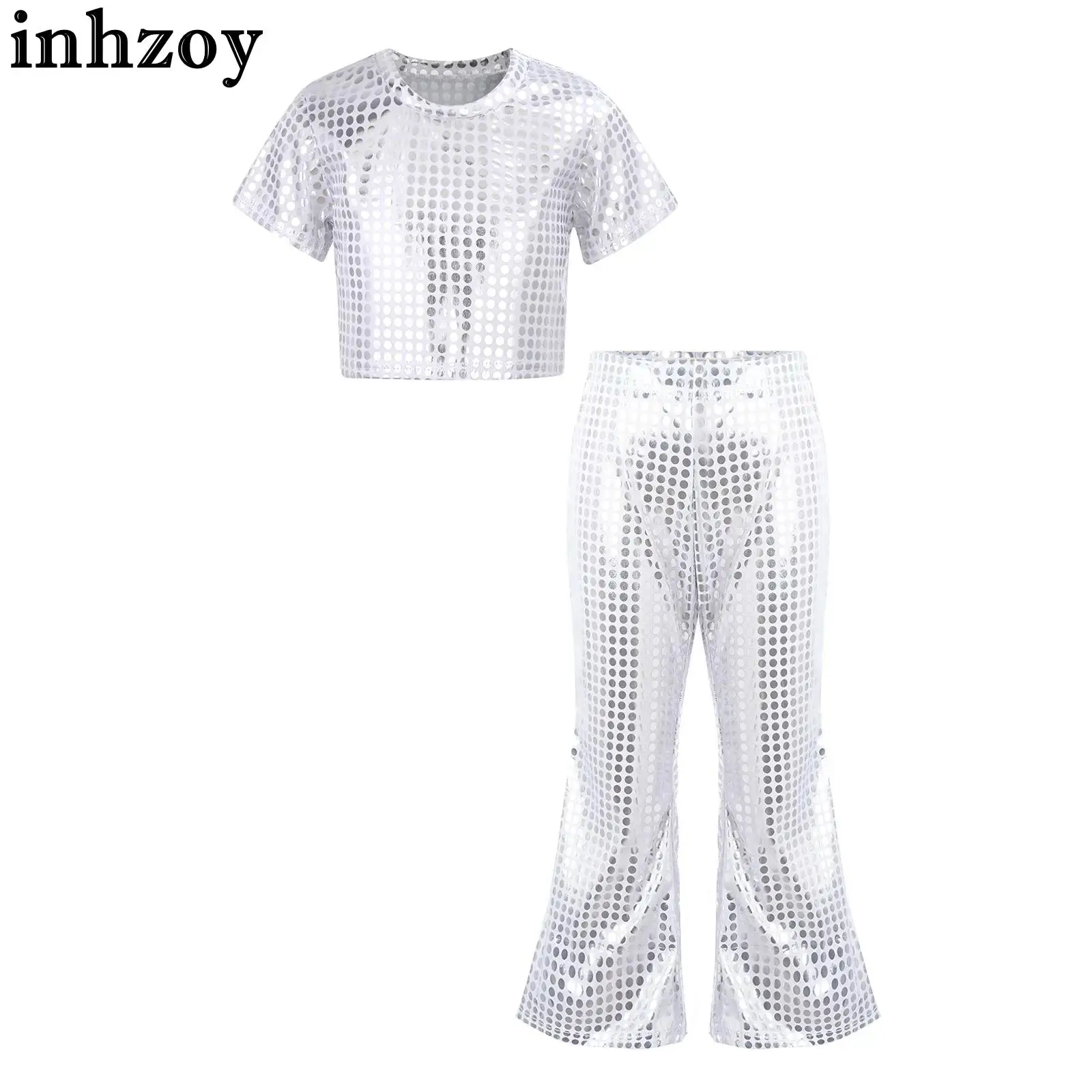 

Kid Girls Metallic Shiny Short Sleeve Crop Top with Flared Pants Jazz Hip Hop Street Dance Costume Disco Party Stage Performance