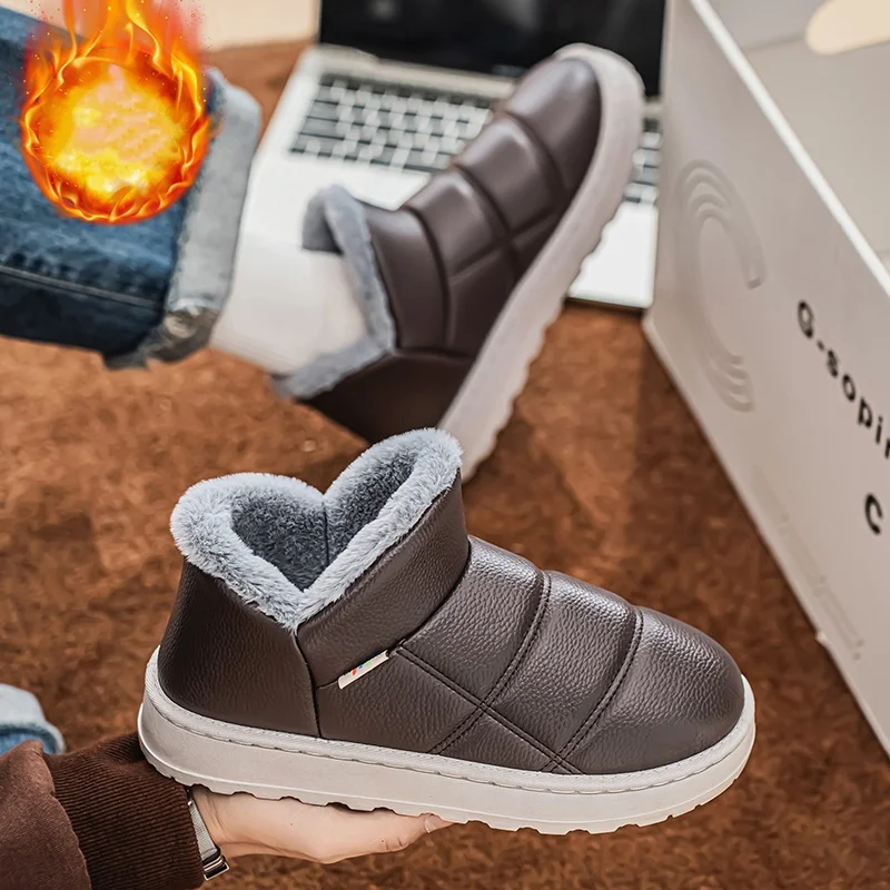 Men's Winter Velvet-Lined Warm Snow Boots Leather Waterproof High-Top Cotton Shoes