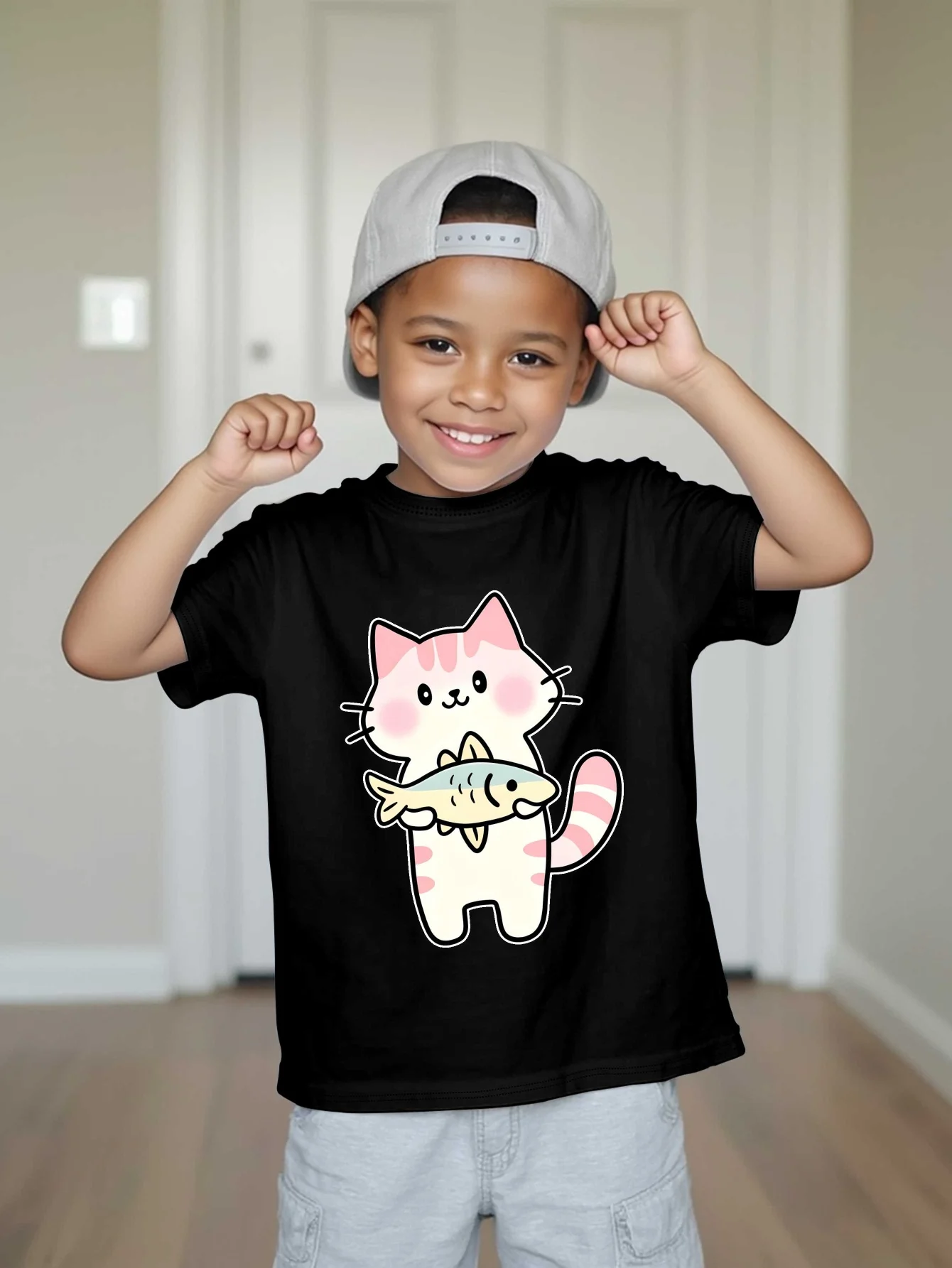 Cute Cartoon Pink Cat Holding Fish Lovely Pet Animal Graphic Print T Shirt Family Matching Boy Girls Kids Short Sleeve Daily Tee