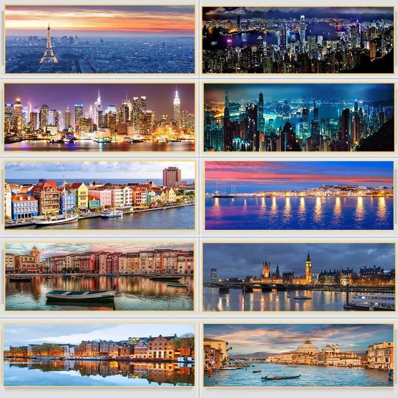 New York City Night Views Posters Landscape Painting Canvas Prints Building Pictures Wall Art for Living Room Home Decoration