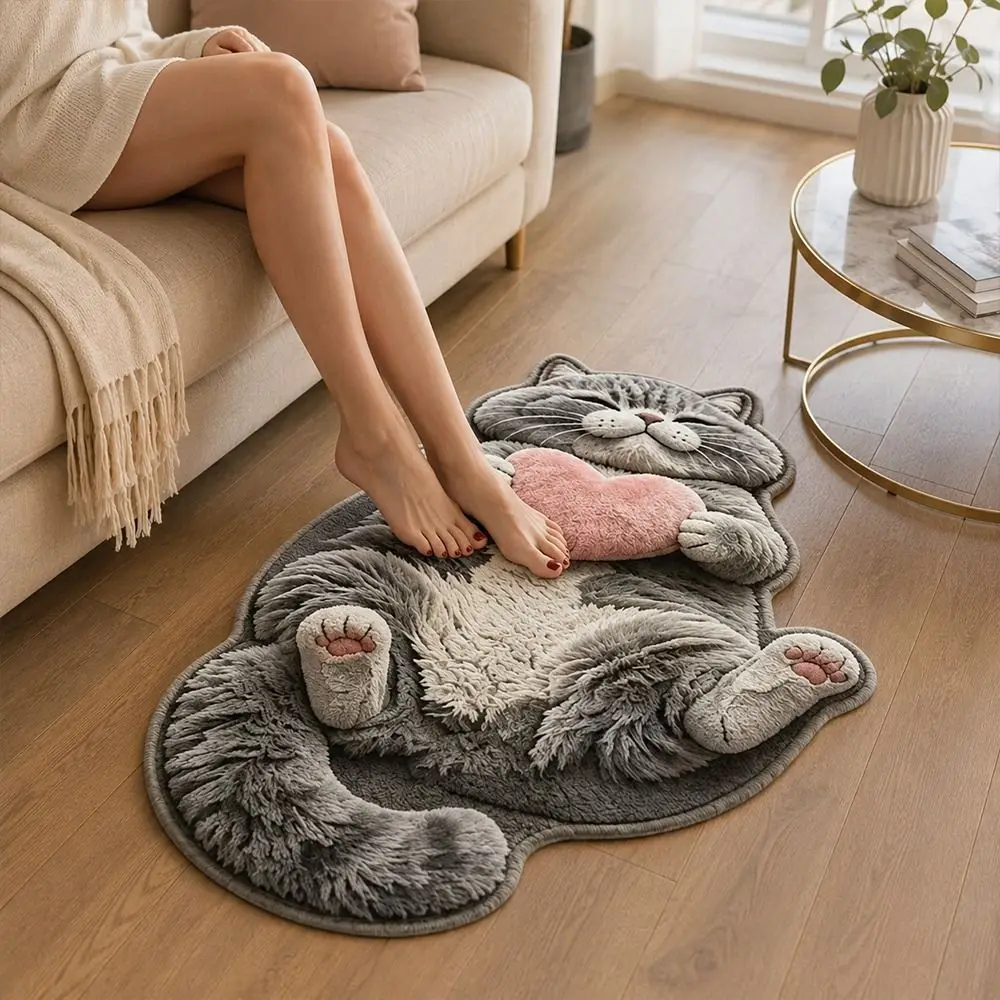 Special-shaped Cat Floor Mat Soft Surface Non Slip Backing Cat Shaped Rug Absorbent Cat Pattern Bathroom Floor Mat