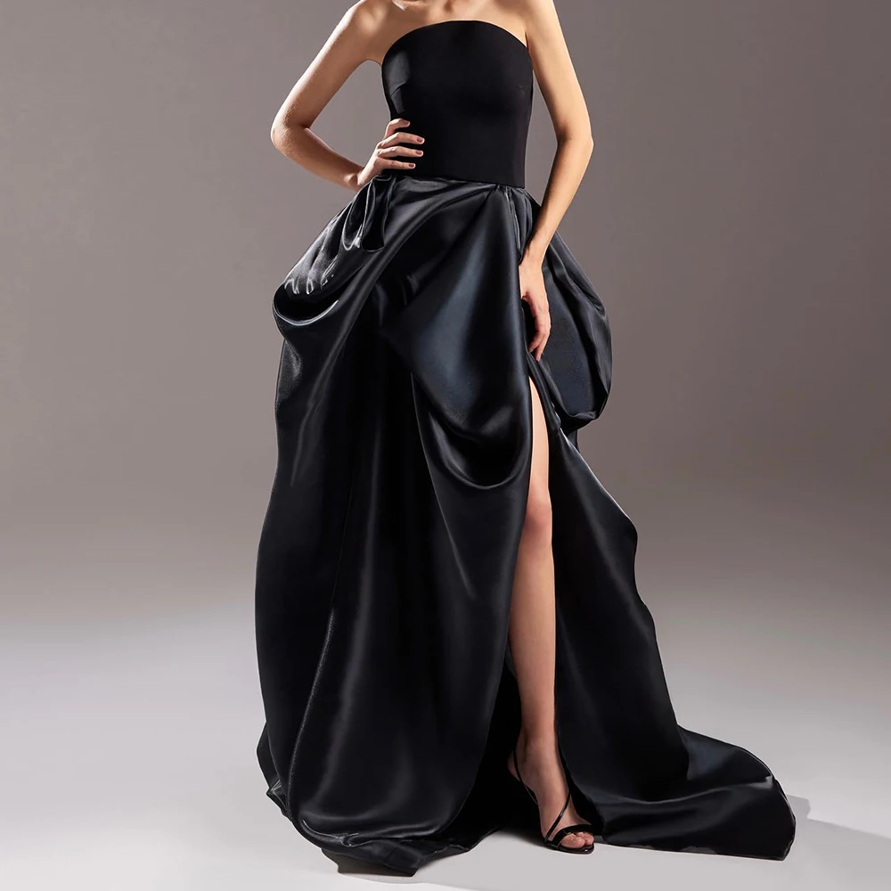 

Customized Classic Scalloped Pleats Front Slit Evening Dress Graceful A-Line Satin Custom Size Black Party Dress платье вечернее