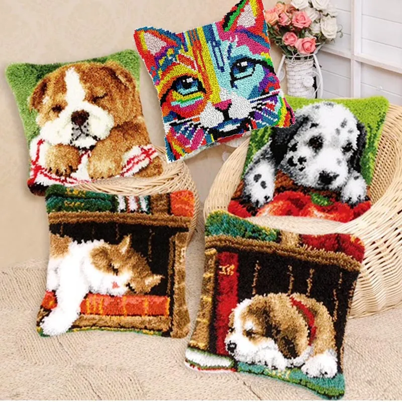 Kit de gancho de pestillo de animales bonitos, paquete de almohada con nudo, Kit de gancho de pestillo bordado para perro y gato, funda de almohada de cojín, juego Kussen para costura